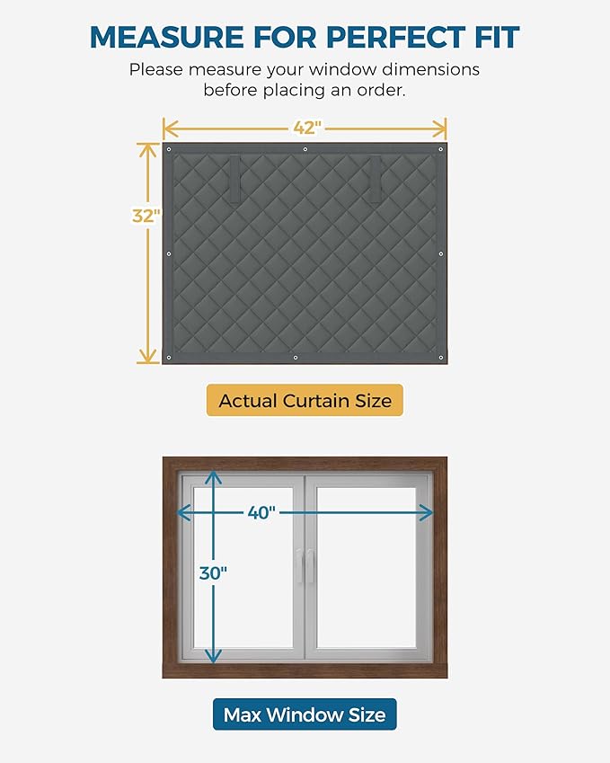 Window Insulation for Winter, Curtain Size 42 x 32 Inch, Thermal Insulated Window Cover Kit, Oxford Cloth Thick Cotton Filled, Fits up to 40'' × 30'' Windows, Grey