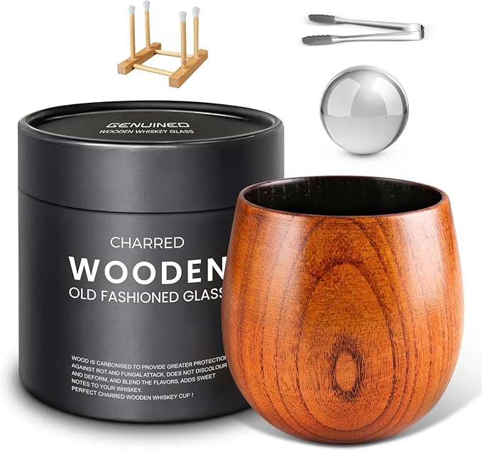 GENUINED Charred Wooden Whiskey Glasses, Bourbon Gifts for Men, Anniversary, Birthday, Christmas Gifts, Old Fashioned Smoked Bourbon Drinking Glass(1 Pack)