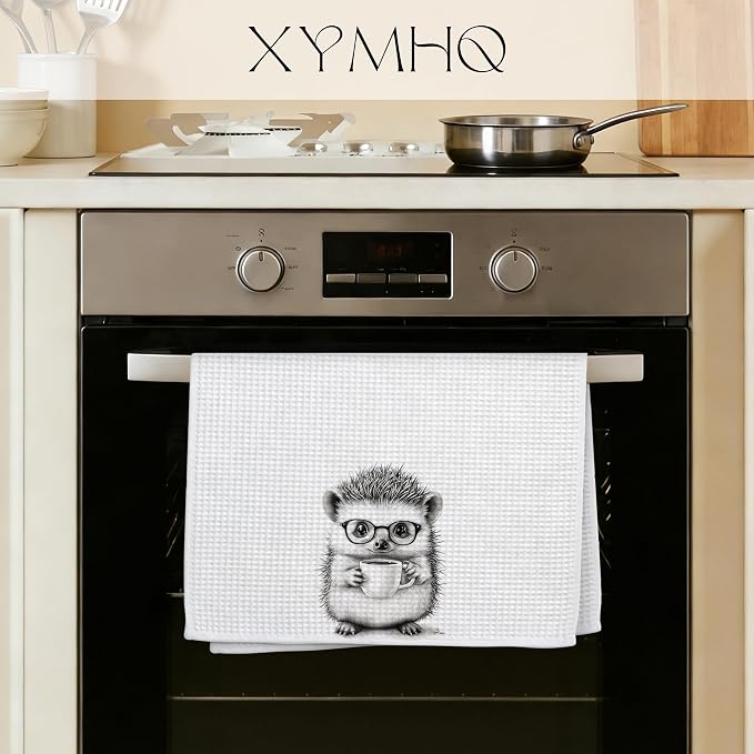 Funny Hedgehog Gift Kitchen Towel, Cute Hedgie with Glasses Drinking Coffee, Woodland Animal Decor, Coffee Bar Accessories, Hedgehog Lover Gift, Humorous Dish Towel, 16x24 Inch