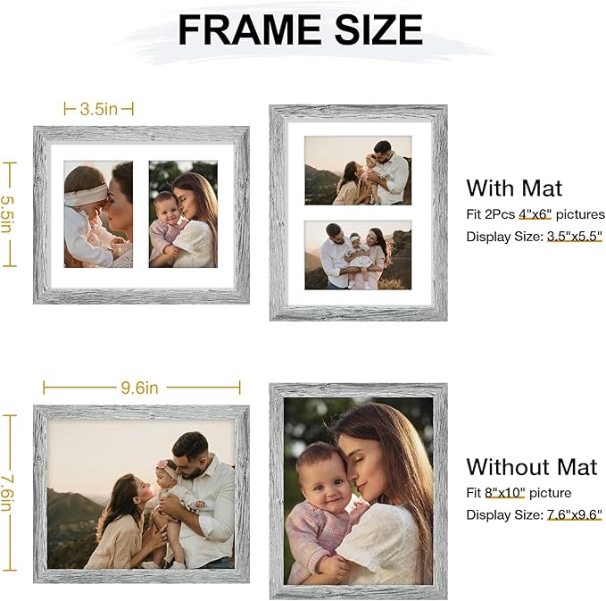 Vittanly 8x10 Collage Picture Frame, Displays 2Pcs 4x6 Pictures with Mat or 1Pcs 8x10 without Mat, Photo Frame for Wall Mounting or Table Top with Stand, Grey, 1 Pack