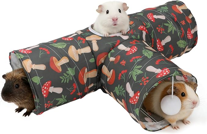 Rypet Guinea Pig Tunnel Hideout 3-Way Collapsible Small Pet Tubes, Mashroom | 3 Way Design for Exploration, Collapsible for Easy Storage, Built-in Play Ball, Hiding & Resting for Hamsters Ferrets