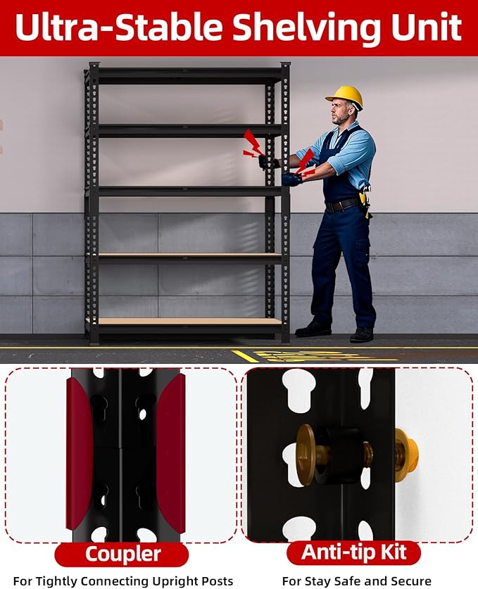 PrimeZone 36" x 16" x 72" Heavy Duty Storage Shelves - 5 Tier Adjustable Garage Storage Shelving, Metal Storage Utility Rack Shelf Unit for Warehouse Pantry Closet Kitchen, Black, 2 Pack