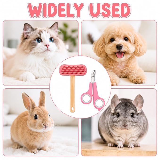 Gjinxi 2pcs Rabbit Grooming Kit Bunny Brush Comb with Nail Clipper Trimmers | Shedding with Bunny Nail Clipper, Small Animal Pet Combs, for Hamster Guinea Pig Ferret Cats, Soft Silicone Massage Comb