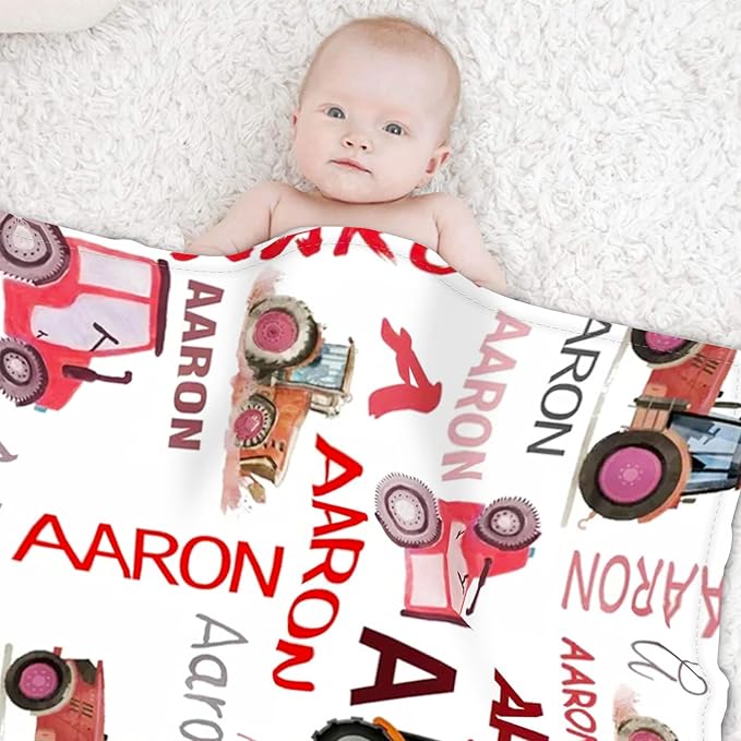 Personalized Tractors Blanket - Custom Name with Farm Tractor Trucks Design - Soft Plush Flannel Bed Blanket for Baby Kid Teen Boys Girls Customized Gifts White & Red