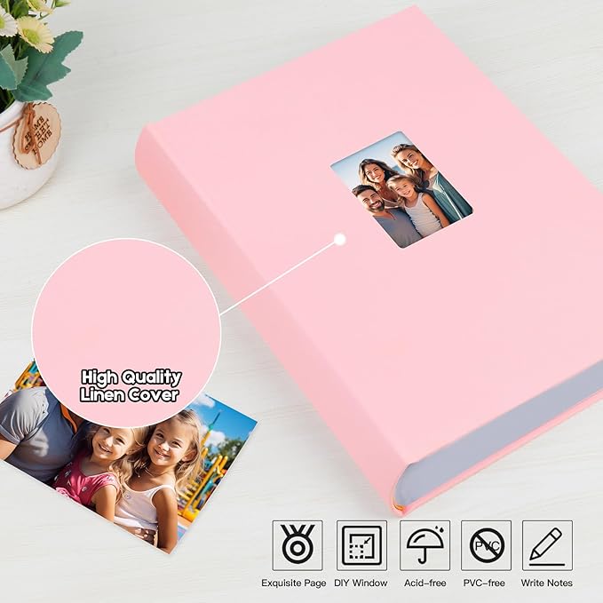XFveivoo Photo Album 4x6 450 Photos with Writing Space,4 x 6 Photo Book Linen Cover with Front Window, 4x6 Picture Album 450 Photos Photo Album Book for Wedding Kids Travel Family Baby Pictures, Pink