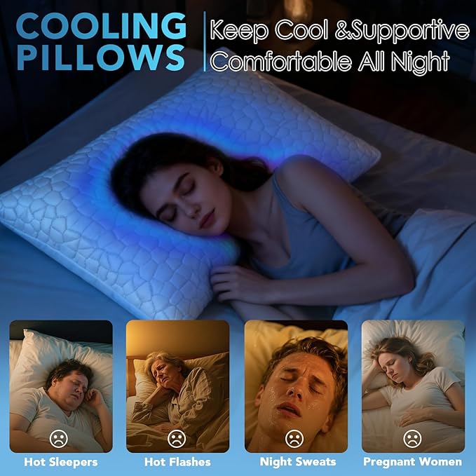 QUTOOL Cooling Pillow for Sleeping, CertiPUR-US Shredded Memory Foam Queen Pillow Set of 1, Cool Pillow for Hot Sleepers Adjustable Firm Pillow for Side, Back, Stomach Sleepers Soft Yet Support, White