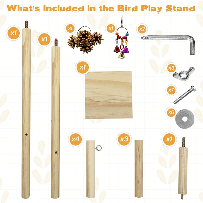 PINVNBY 3 PCS Wooden Small Bird Playground for Top of Cage, Wood Parrot Stands Perch Birds Gym with Hanging Chewing Toys Bird Cage Accessories for Parakeet Conure Love Birds Budgie