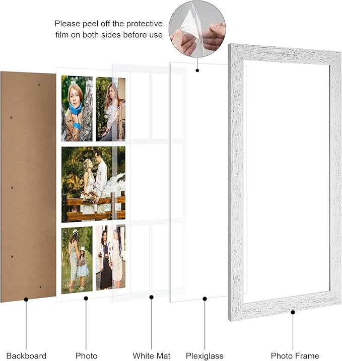 11x23 Picture Frame Display 5 opening 5x7 and 8x10 Picture Frame Collage,Multi Photo Frame with Mat,Plexiglass,Horizontal and Vertical Formats for Wall Decor,Distressed White Wood Grain