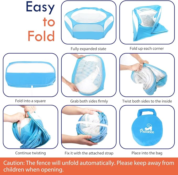 Pawaboo Small Animal Playpen with Zippered Cover,Light Blue | Portable pop-up pet tent for supervised rabbits, guinea pigs, chicks and kittens; water-resistant bottom and 3 metal rods