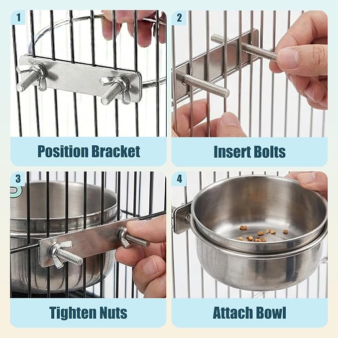 3 Pcs Stainless Steel Bird Feeding Cups with Clamp Holder - Birdcage Food Water Dish Bowls for Cockatiel Parakeet Macaw Finches Lovebirds Small Animals