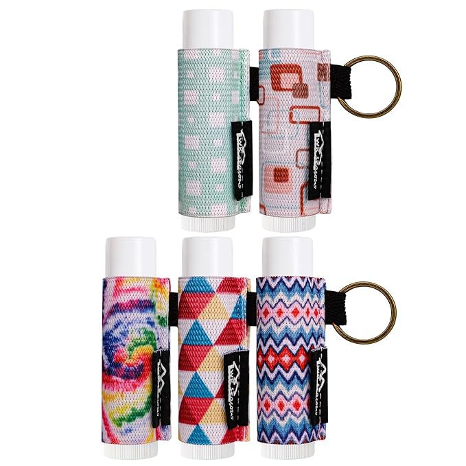 WK IEASON Lip Balm Holder Keychain, Stocking Stuffers for Women, 5PCS Clip on Lip Gloss Holder Compatible With Chapstick, Burt's Bees Sleeves Holder Key Chains Women Cute Elastic Lipstick Holder
