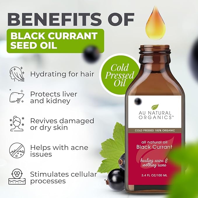 Au Natural Organics Black Currant Seed Oil for Eczema – 100% Pure Organic Cold Pressed Liquid GLA for Skin | Support Immune Health, Blood Flow, Tissue Repair | Edible & Hexane Free | 250ml