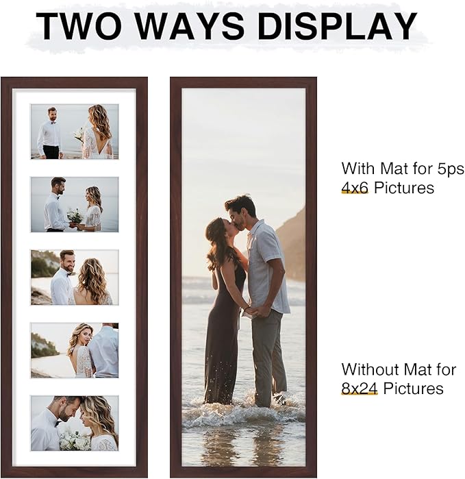 Vittanly 8x24 Collage Picture Frame, Displays 5Pcs 4x6 Pictures with Mat or 1Pcs 8x24 without Mat, Picture Frames Collage Wall Decor for Horizontal or Vertical Display, Brown, 1 Pack