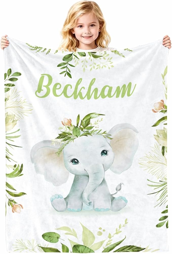 Personalized Elephant Baby Blankets, Customized Baby Blanket with Name for Baby Boys, Custom Baby Blankets for Baby Shower, 30"x40"