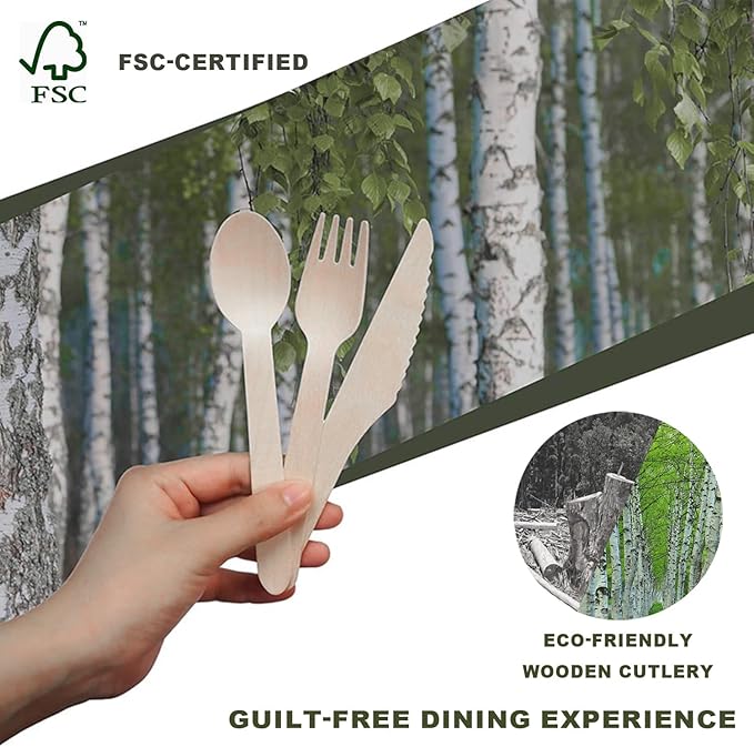 Disposable Wooden Cutlery Set - 360 Pcs Compostable Utensils [180 Forks, 60 Knives, 120 Spoons], Biodegradable Eco-Friendly Wooden Utensil Set, Disposable Cutlery for Parties Camping