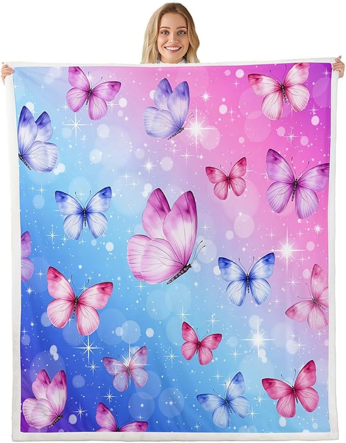 Feelyou Girls Butterfly Fleece Throw Blanket 40"x50" Kids Pink Blue Glitter Print Sherpa Blanket Plush Fuzzy for Bed Couch Chair Living Room, Dreamy Girly Bed Blanket Princess Style Room Decor