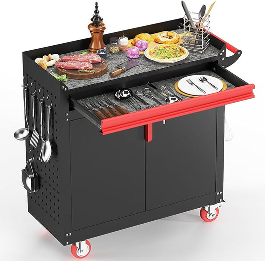 Eltean Metal Grill Cart - Outdoor Grill Cart with Storage,Grill Table with Wheels,Outdoor Bar Cart with Adjustable Shelf for Kitchen Prep and Patio BBQ