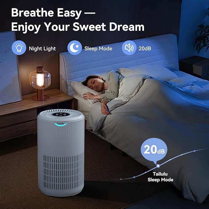 Air Purifiers for Home Large Room Up to 1500 Sq Ft, Tailulu H13 HEPA Air Filter Cleaner, Smoke Dust Pollen, 15dB Sleep Mode Air Purifiers for Bedroom Living Room, Kitchen, Office