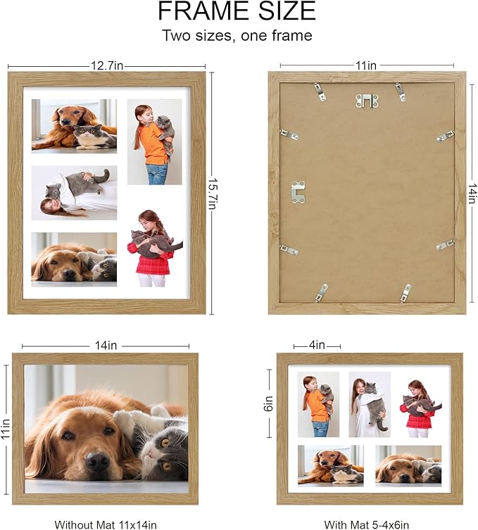 11x14 Picture Frame Set of 2, Natural Oak Wood Frame with Real Glass Collage Picture Frames, Display Pictures Five 4x6 With Mat or 11 x 14 Without Mat, Photo Frames Wall Gallery