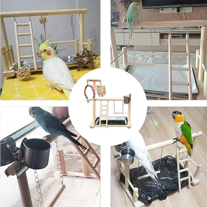 Bird Stand, Natural Wood, Parrot Playground with Removable Tray & 2 Stainless Steel Feeder Cups, Suitable for Parakeet, Conure, Cockatiel, Lovebird, Canary, Lorikeet & African Grey