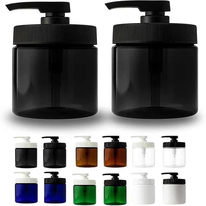 Royal Massage 16oz Refillable Pump Jar with Locking Dip Tube Dispenser – BPA-Free Plastic Container for Massage Oils, Lotions, Creams – Ribbed Lid Wide-Mouth Jar – Durable & Reusable (Black/Black, 2)