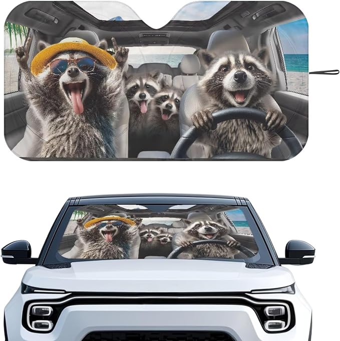 Funny Raccoon Car Front Windshield Sun Shade Universal Fit for Car Window Sunshades Cover Foldable Vehicle Windshield Protecion Heat Reduction Automotive Interior