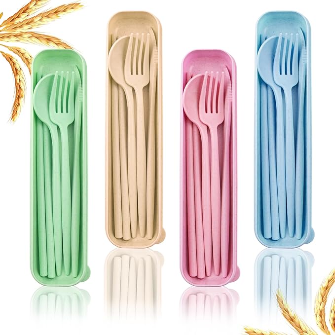4 Sets Reusable Utensils Set with Case,Camping Cutlery Set Travel Silverware Set with Case Lunch Utensils Set for Work,Utensil Sets for Lunch Picnic Daily Use Outdoor (COLOR A)