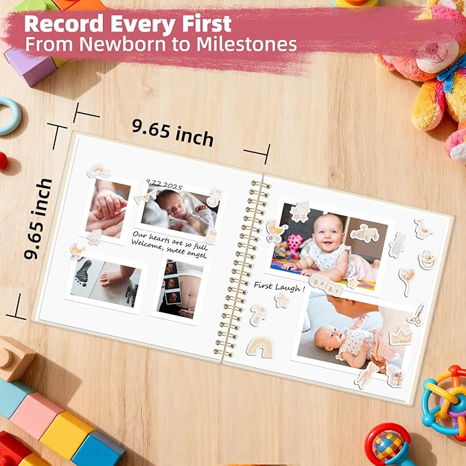 Vienrose Kids Scrapbook Album 10.4"X10.0" with Window Silk Fabric Cover Acid-Free Pages Personalised DIY Photos Scrapbooking for Baby Memory Book, First Year Keepsake Journal Gift Boy Girl, Blue