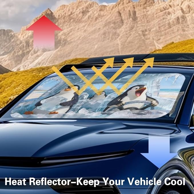 Cute Penguins Car Windshield Sun Shade Fit Front Window Foldable Funny Automotive Interior Accessories for Protection Auto Sun Heat and UV Rays Blocker Universal
