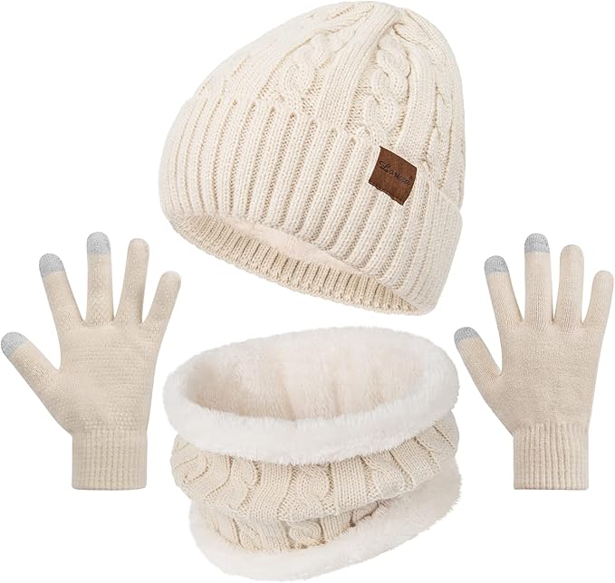 Loritta 3 Pieces Winter Hats for Women Scarf Touch Screen Gloves Set Thick Warm Fleece Lined Beanie Hat Gifts