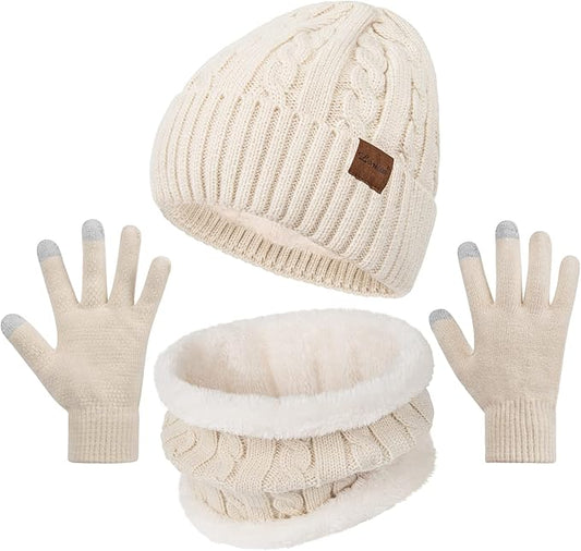 Loritta 3 Pieces Winter Hats for Women Scarf Touch Screen Gloves Set Thick Warm Fleece Lined Beanie Hat Gifts