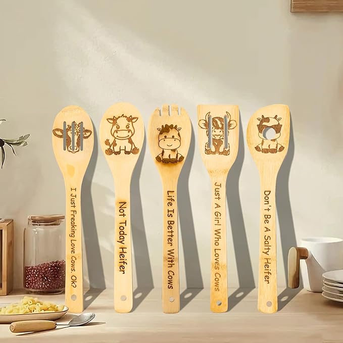5PCS Cow Wooden Cooking Spoons Cow Gifts Cow Decor Cow Gifts for Women Cow Kitchen Decor Gifts for Cow Lovers Cow Stuff Party Favors Housewarming Wedding Cooking Bamboo Cooking Spoons