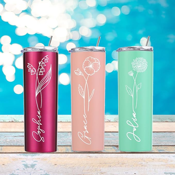 Personalized Gifts for Women Custom Tumbler Personalized Cups Engraved with Birth Flower 20 Oz Customized Tumbler with Name Birthday Bridesmaid Christmas Gifts