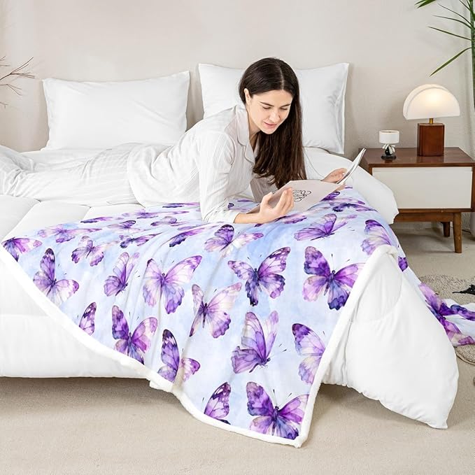 Feelyou Girls Purple Butterfly Fleece Throw Blanket 40"x50" Kids Watercolor Sherpa Blanket Plush Fuzzy for Bed Couch Chair Living Room, Tie Dye Bed Blanket Room Decor