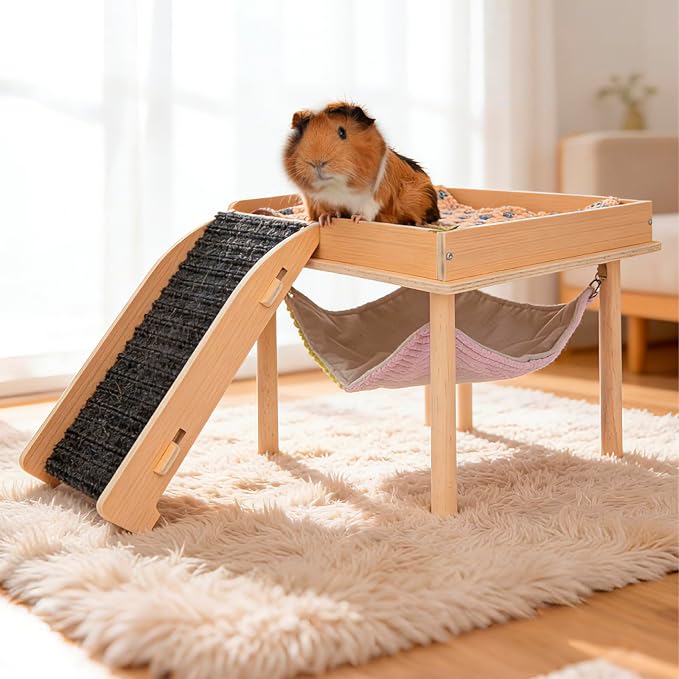 BESNEW Enlarged Guinea Pig Hammock,Bunny Ferret Hamster Small Animal Hammock for Hiding Sleeping,Wooden Guinea Pig Hammock Accessories