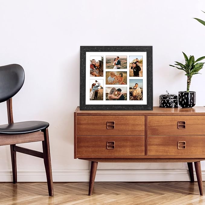 13.5X15.5 Picture Frames Collage with 7 Openings 4X6 Pictures, Multi Photo Frame with Mat for Wall Hanging Decor,Black Wood Grain