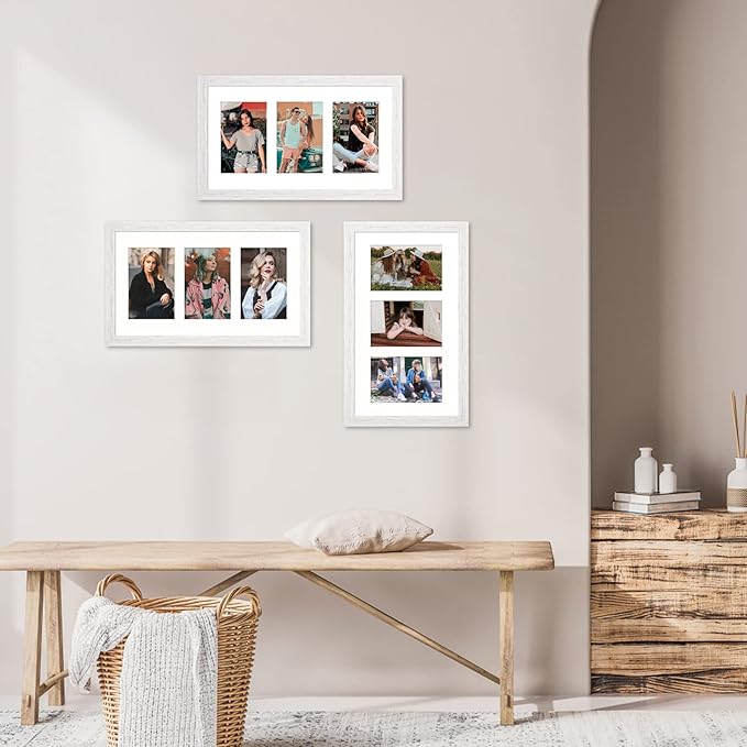8x14 Collage frame with 3 Openings 4X6 Pictures, Multiple Picture Frame with Mat, Wall or Tabletop Decor, White Wood Grain (1 Pack)