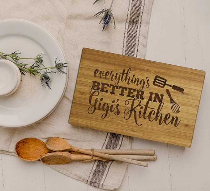 Andaz Press Laser Engraved Small Bamboo Wood Cutting Board, 9.5 x 6-inch, Everything is Better in Gigi's Kitchen, 1-Pack Grandma Mother's Day Mom's Birthday Grandma Cutting Board Grandma Gift Ideas