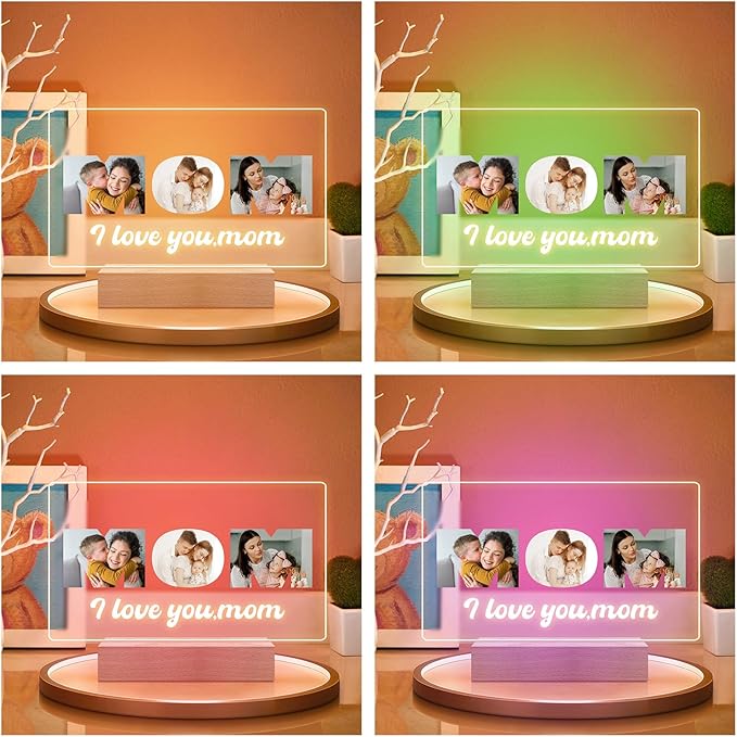 Custom MOM Picture Frame with Photos, Personalized Photo Frame with Night Light, Personalized Mothers Day Gifts for Mom, Personalized Mom Birthday Gifts from Daughter & Son