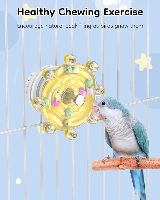 Pawfly Bird Toys for Parakeets, Colorful Spinning Wheel Chew Toy, Interactive Spinner Rattle Parrot Toys, Cockatiel Toy, Parakeet Toys, Bird Cage Accessories for Entertainment Chewing Exercise, Yellow