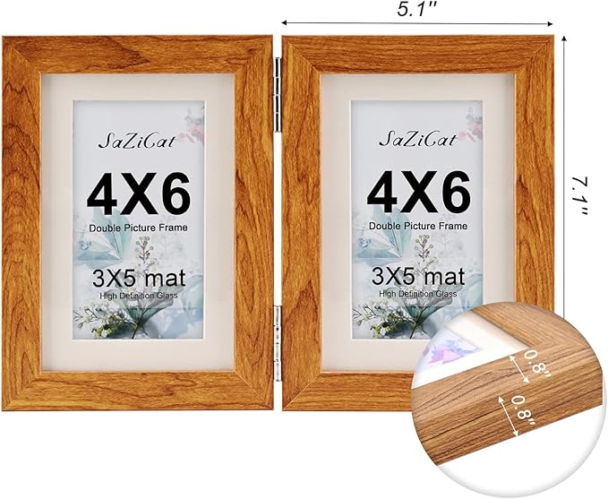 Double Hinged 4X6 Picture Frame with Real Glass-Tabletop or Wall Mounted, Display for 3X5 & 4X6 Photos (with/without Mat)-Rustic Brown, For Family Photos & Wedding Memories-Z46X2