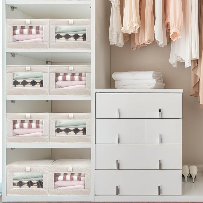 Kigley 12 Pcs Linen Closet Organizers and Storage Foldable Clothing Bins Large Foldable Box with Window Storage Baskets for Closet Shelf Clothes Jeans Toys Organization, Beige