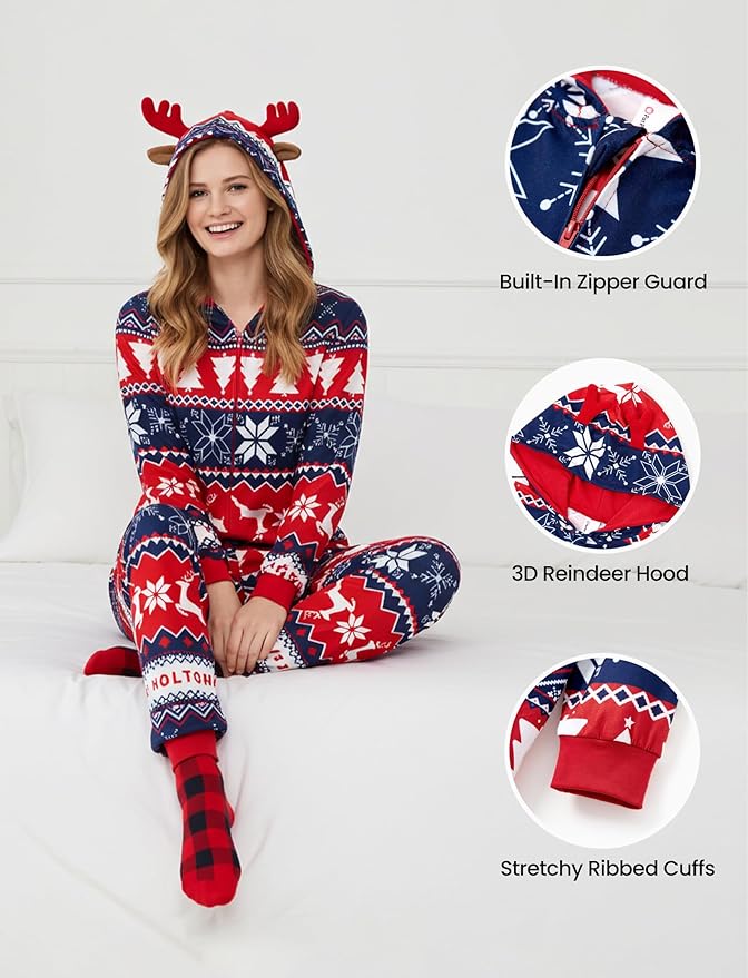 PATPAT Matching Family Christmas Onesie Pajamas – Holiday Hooded Jumpsuit Sleepwear PJs Couples Xmas Loungewear with Socks