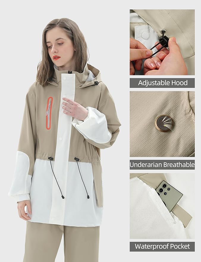 Rain Suit for Women Waterproof Hooded Rain Gear Rain Jacket and Pants 2 Piece Breathable Rain Coat Outdoor