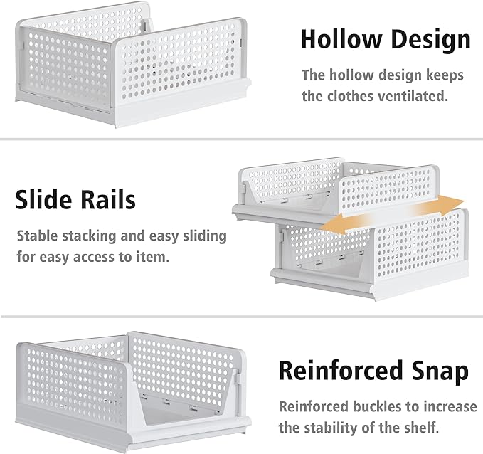 Proarea Stackable Plastic Storage Basket Closet Organizer Bin Foldable Clothes Organizer Storage Drawer Shelf Container for Living Room Bathroom Kitchen Office Laundry Room