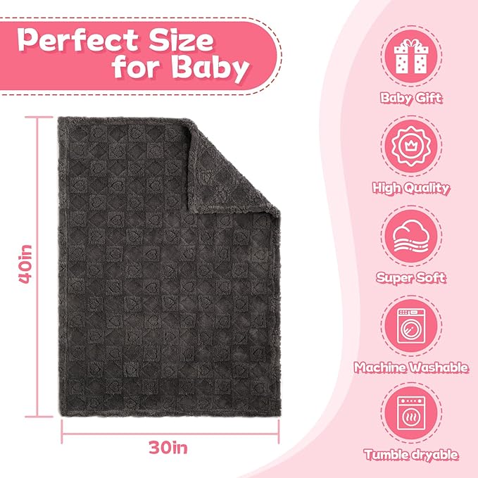 Ultra Soft Fleece Baby Blanket,Swaddle & Receiving Blankets for Newborn Infant, Lightweight Breathable Nursery Nap Blanket for Crib Stroller, for Boys & Girls Heart Checkered 30"x40" Gray