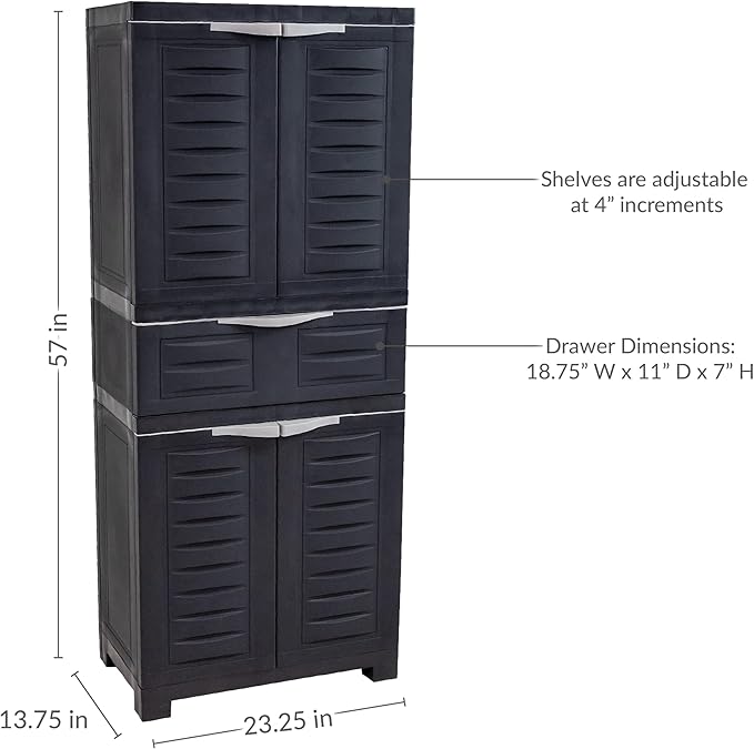 Sunnydaze 57" H Resin Garage Storage Cabinet - Garage Cabinet with 2 Adjustable Shelves - Freestanding Utility Storage for Laundry Room, Office, Basement - Charcoal