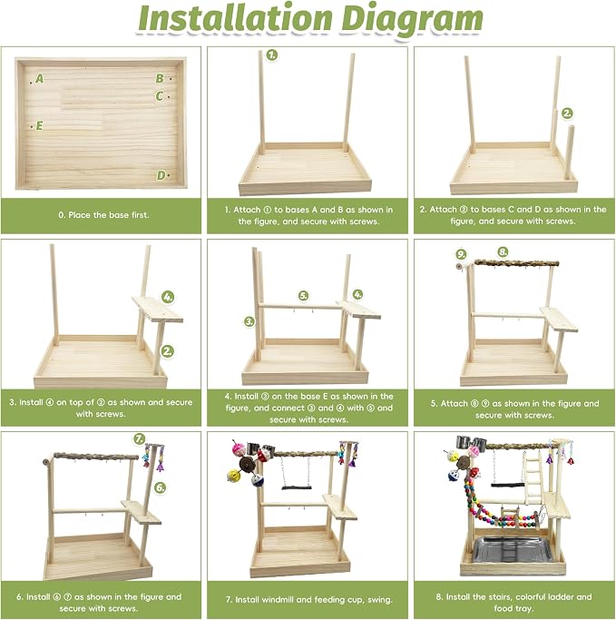 PINVNBY Bird Playground Parrot Perch Stand Play Gym Cockatiel Wood Bird Toys Birds Cage Accessories Playpen Ladder with Feeder Cups Hanging Swing Toys for Parakeet Conure Lovebird Cockatiel