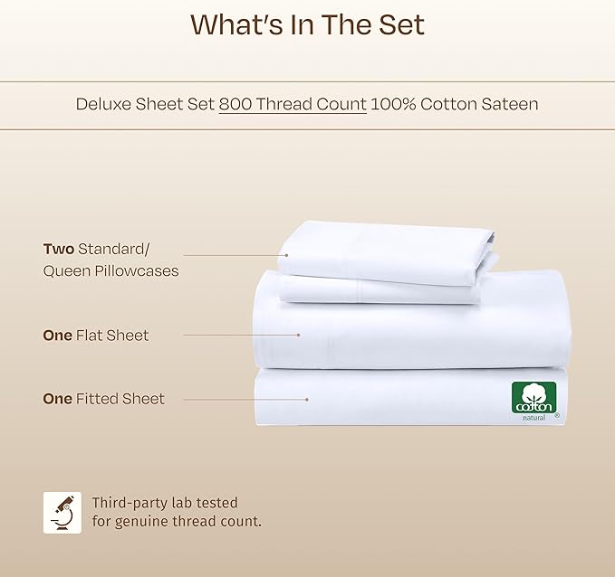 California Design Den Luxury Sheets Full Size Bed Set - Buttery Soft 800 Thread Count Sateen, 100% Cotton Sheet Sets, Deep Pockets, Durable Bedding Set - White