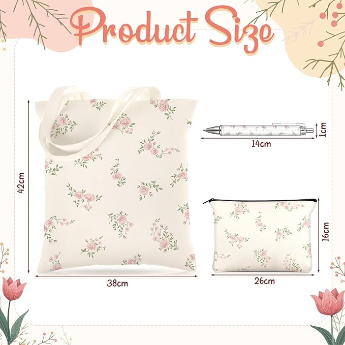 Talltalk 6 Pcs Pink Flower Gifts for Women Flower Lover Gift Set, Socks Canvas Bag Makeup Bag Spiral Notebook Ballpoint Pen and Stainless Steel Keychain for Christmas Birthday Graduation Thanksgiving